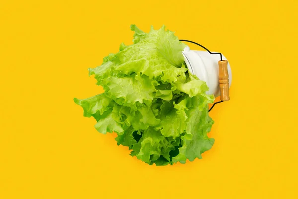 Fresh green salad on yellow background