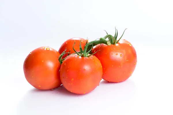 Beyaz arka planda yeşil yapraklı taze domatesler.