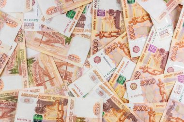 Rus parası beş bin ruble değerinde. Rus rublesine yakın çekim. Finansal konsept. Para geçmişi ve dokusu.