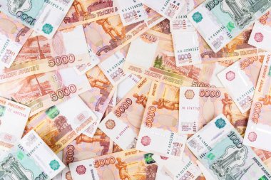 Rus parası beş bin ruble değerinde. Rus rublesine yakın çekim. Finansal konsept. Para geçmişi ve dokusu.