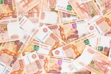 Rus parası beş bin ruble değerinde. Rus rublesine yakın çekim. Finansal konsept. Para geçmişi ve dokusu.