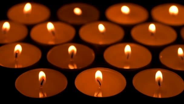 Burning Candle Table Darkness Closeup Space Text Funeral Symbol — Stock Video