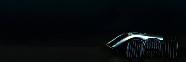 Tıraş makinesi, tıraş makinesi, fırça, tarak, makas, makas ve saç kesme makinesi. Siyah arka planda berber dükkanı ekipmanları için aksesuarları Üst görünüm kopyalama alanı