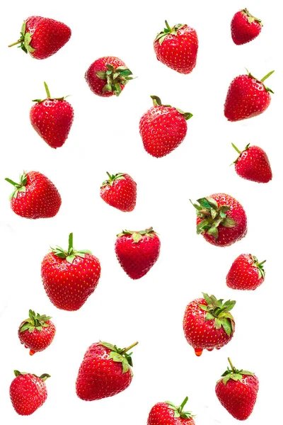 Falling Strawberry Isolated White Background Selective Focus — Stock Photo, Image