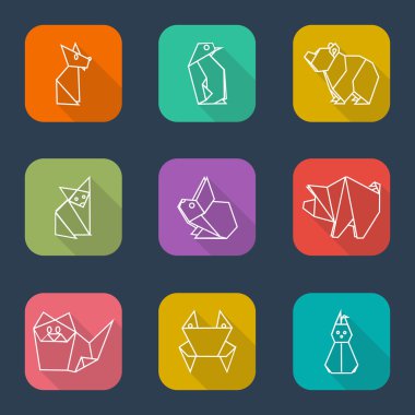 Origami hayvan renkli küme. Vektör geometrik düz simgeler.