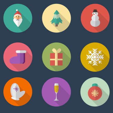 Uzun gölgeler ile düz stil top simgeleri Noel parlak renkler