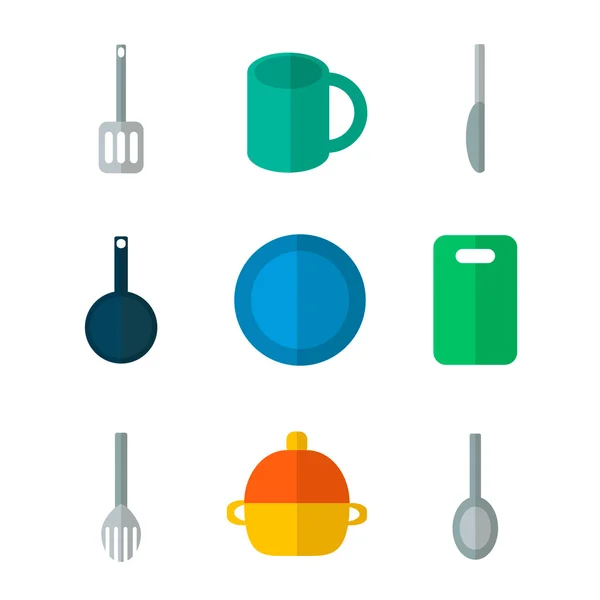Platte pictogrammen set keuken gebruiksvoorwerp en collectie van kookgerei, co — Stockvector
