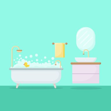 Düz biçimde vektör iç çizimi. Mobilyalı banyo. Banyo içi..