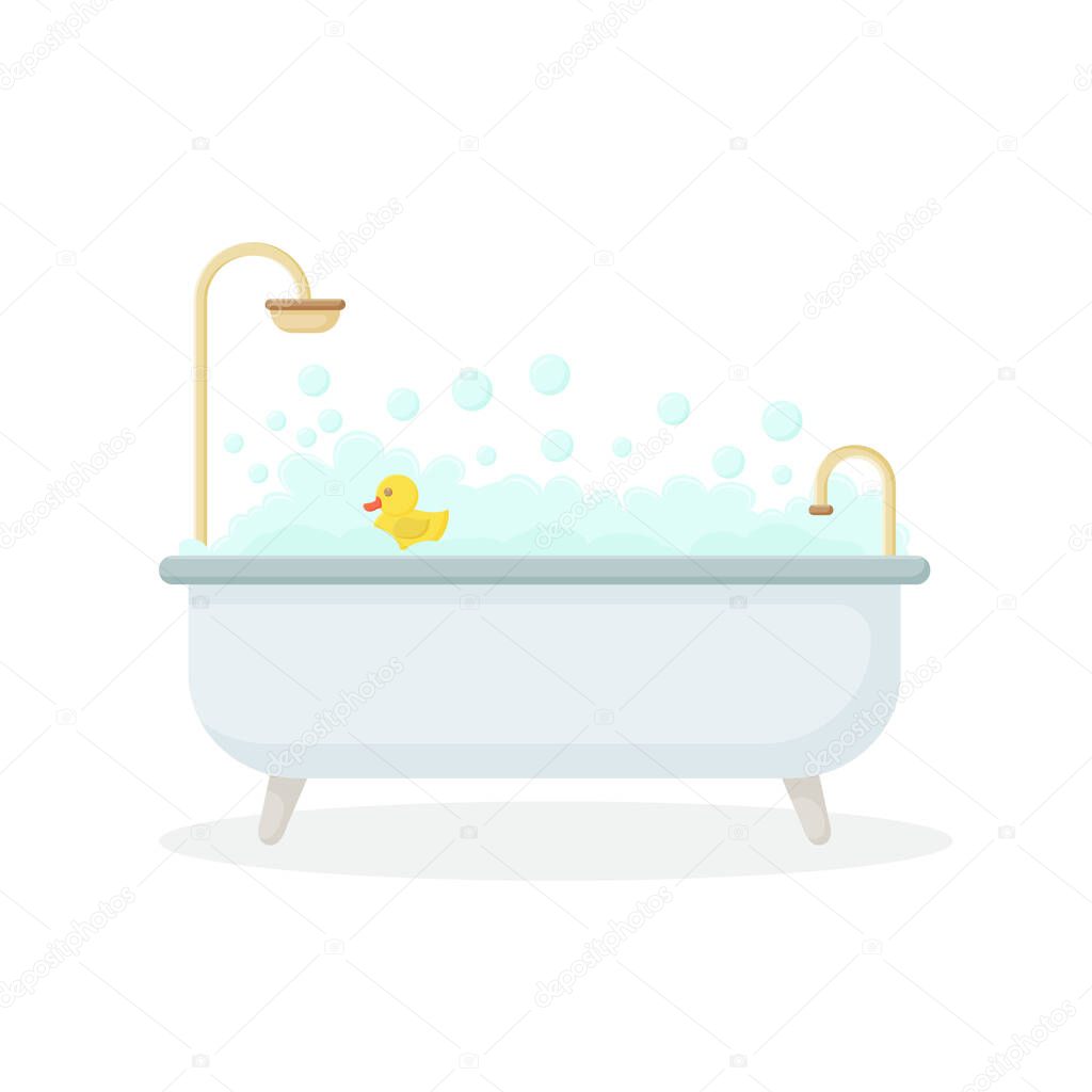 Bath full of foam with bubbles isolated on background. Bathroom interior. Shower taps, bathtub, rubber duck. 
