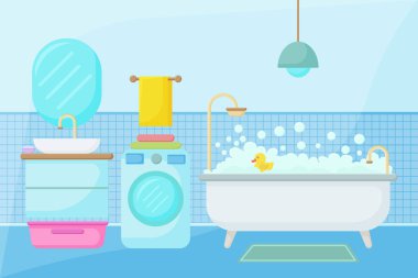 Düz biçimde vektör iç çizimi. Mobilyalı banyo. Banyo içi..