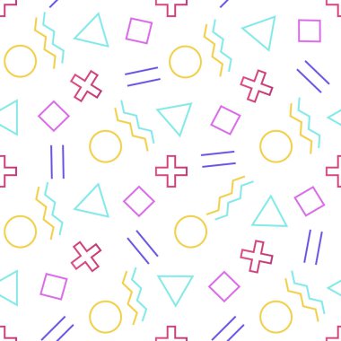 Geometrik desenli Memphis tarzı, geometrik şekilli vektör çizimi. Eğilimsiz motif