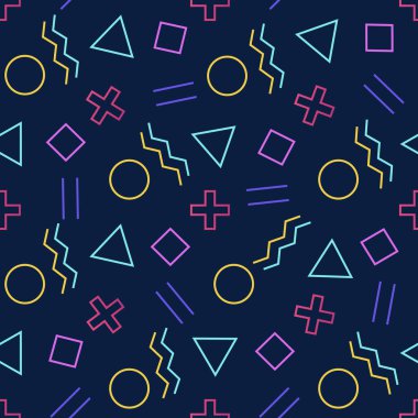 Geometrik desenli Memphis tarzı, geometrik şekilli vektör çizimi. Eğilimsiz motif