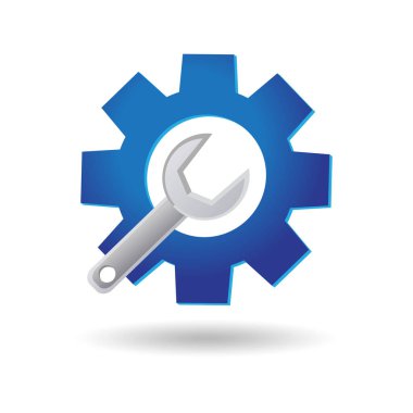 Araç simgesi. Vites ve İngiliz anahtarı. İngiliz anahtarı ve vites vektör simgesi beyaz yarasa sahasında izole edildi