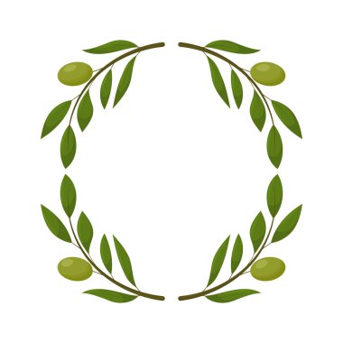 Organik zeytin ürünleri seti. Yeşil zeytin çelengi. Sağlıklı organik ürünler çizgi film vektörü