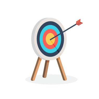 Oklu hedef, tripodun üzerinde duruyor. Amacına ulaş. Vektör illüstrasyonu beyaz arkaplanda izole edildi
