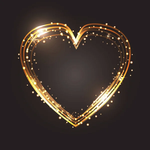 Glitzernder goldener Herzrahmen mit Platz für Text. Herz mit goldenem Licht. Happy Valentines Day Karte mit glühendem Herzen. — Stockvektor