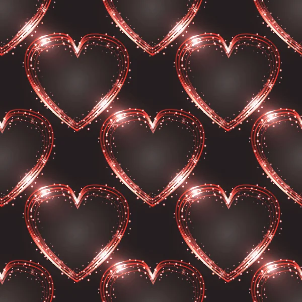 Neon Lights nahtloses Muster mit Leuchteffekt, bunte glänzende Herzen, abstrakte Formen auf schwarzem Hintergrund — Stockvektor