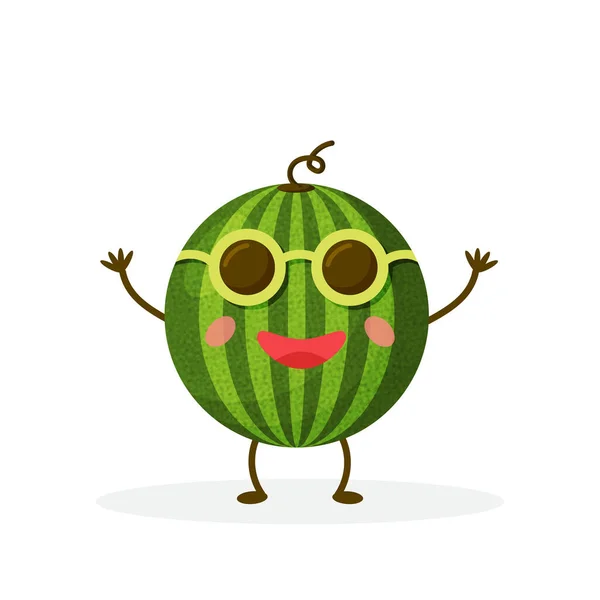 Wassermelone Zeichentrickfigur isoliert auf weißem Hintergrund. Gesundes Essen lustige Maskottchen-Vektor-Illustration in flachem Design. — Stockvektor