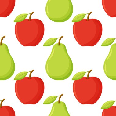 Arka planda elmalar ve armutlar olan kusursuz desen. Yarım olgun elma ve armut.. 
