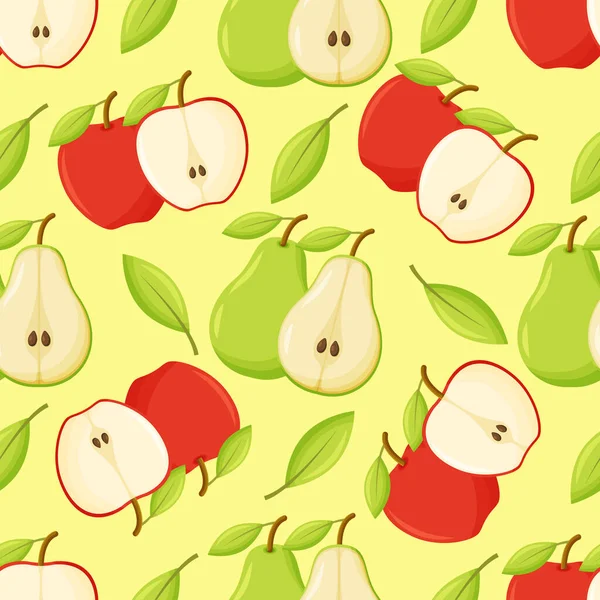 Sömlöst mönster med äpplen och päron på bakgrunden. Halvt moget äpple och päron. — Stock vektor