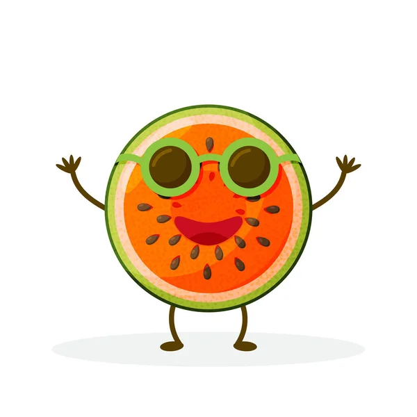 Wassermelone Zeichentrickfigur isoliert auf weißem Hintergrund. Gesundes Essen lustige Maskottchen-Vektor-Illustration in flachem Design — Stockvektor