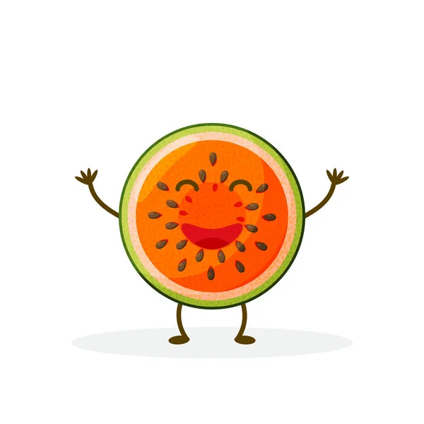 Wassermelone Zeichentrickfigur isoliert auf weißem Hintergrund. Gesundes Essen lustige Maskottchen-Vektor-Illustration in flachem Design — Stockvektor