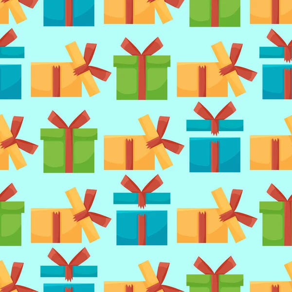 Cadeaudoosjes naadloos patroon Patroon geschenkdoosje voor stofprint, verpakking cadeaudoosje papier in luxe kleuren met strikjes — Stockvector