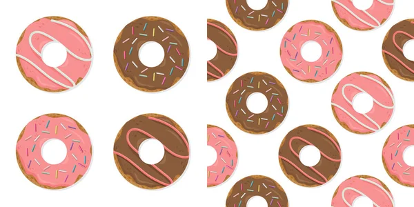 Conjunto de donuts coloridos desenhos animados isolados no fundo branco. Padrão de verão doce com ilustrações vetoriais de rosquinhas. —  Vetores de Stock