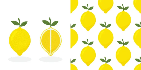 新鲜柠檬果，收集病媒图解。带黄色柠檬的热带图案。水果重复背景. — 图库矢量图片