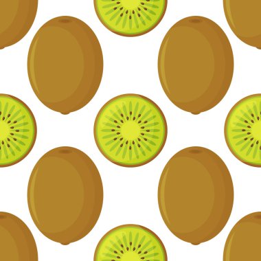 Beyaz arka planda çizgi film kivisi ve kivi dilimleri olan şirin bir desen. Mutfak tekstili için desen gibi kullanılabilir