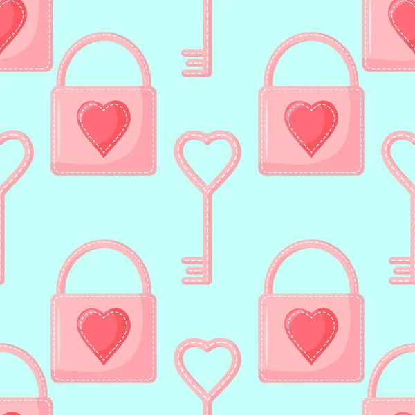 Nahtloses Muster aus Vorhängeschloss, Schlüssel mit Herz. Vektor-Hintergrund zum Valentinstag — Stockvektor