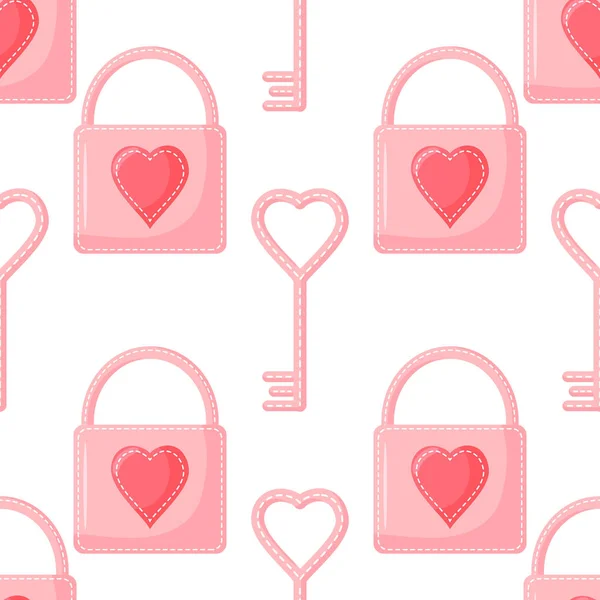 Nahtloses Muster aus Vorhängeschloss, Schlüssel mit Herz. Vektor-Hintergrund zum Valentinstag — Stockvektor