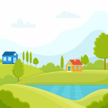 Çizgi film düz bahar manzarası güzel doğa, yeşil çayırlar çayırlık, orman, manzaralı mavi göl, dağlar.