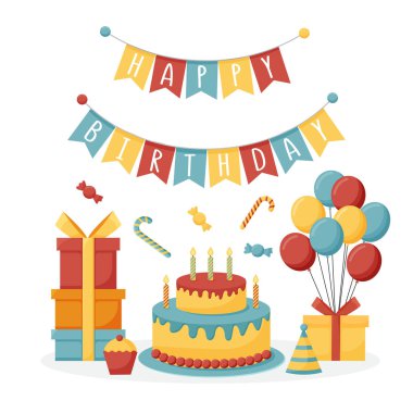 Çizgi film doğum günü partisi süslemeleri. Hediyeler, tatlı kekler ve kutlama pastası. Renkli balonlar, karnaval 