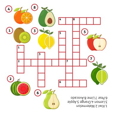 Vektör bulmacası, çocuklar için oyun elma kivili limon armudu avokado portakalı karpuz