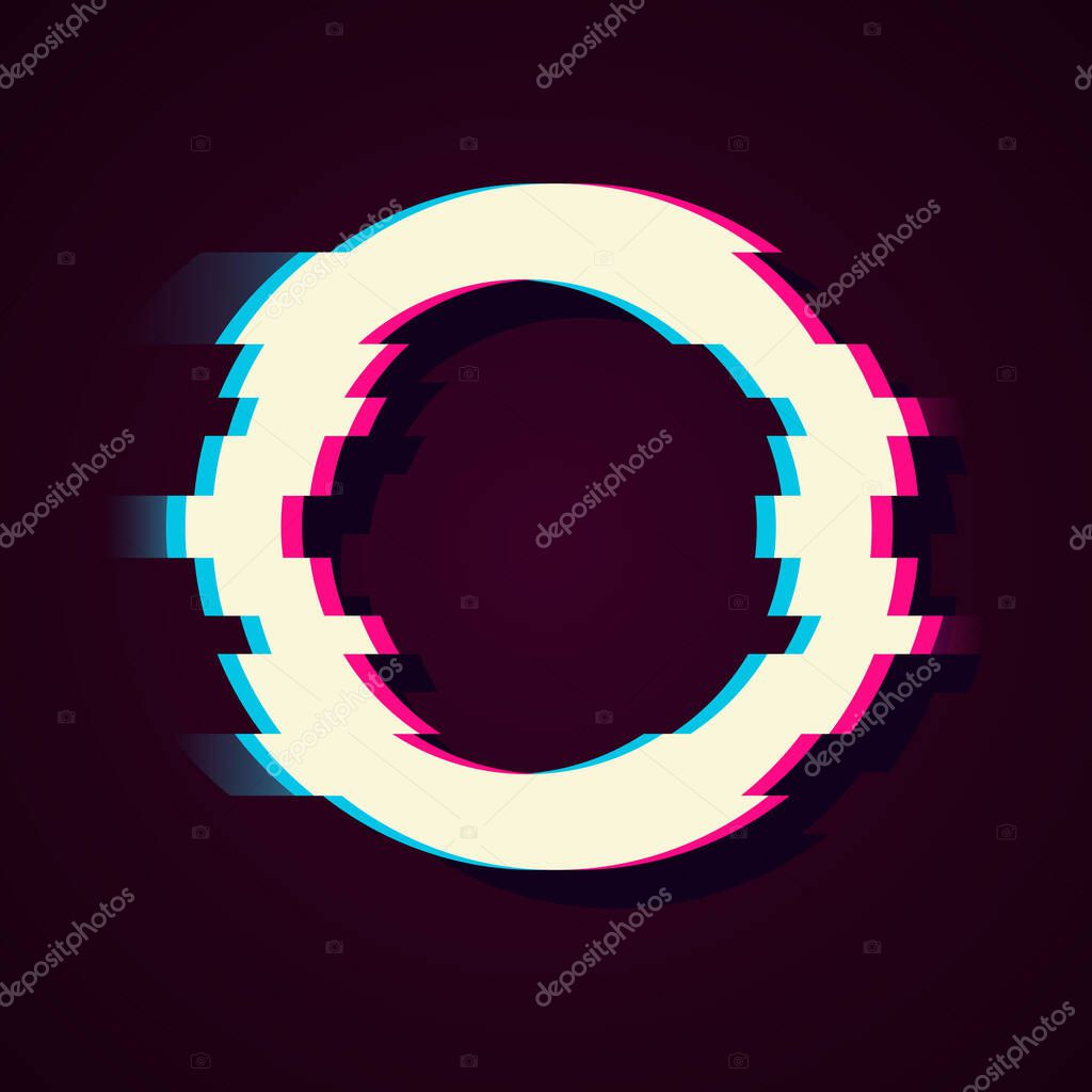 Glitch circle frame. Tv distorted signal chaos, glitched ring light effect distortion frames and flaw glitches bug circles, vhs white noise destroyed logo vector isolated icons set.