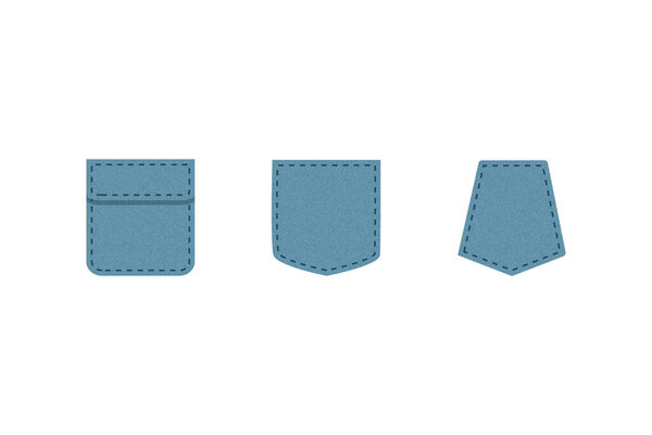 Denim patch pocket. Set of blue denim bag vector icons. Uniform casual style jeans pockets patches. 