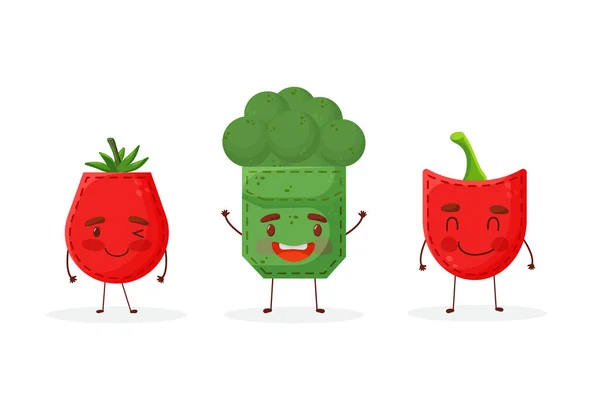 Set paprika broccoli tomato shaped patch pocket. Character pocket paprika broccoli tomato. Cartoon style. Isolated — Vector de stock