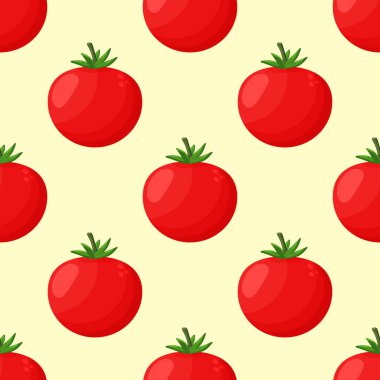 Arka planda domatessiz desen. Yeşil yapraklı kırmızı domatesler. Menüler, etiketler, ambalajlar için harika.