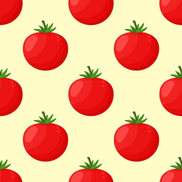 Modello senza cuciture di pomodori su uno sfondo. Pomodori maturi rossi con foglie verdi. Ottimo per menu, etichette, imballaggi. — Vettoriale Stock