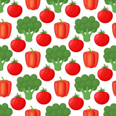 Pattern with hand drawn colorful vegetables. Sketch style set. Vegetables flat icons set: paprika, broccoli, tomato.