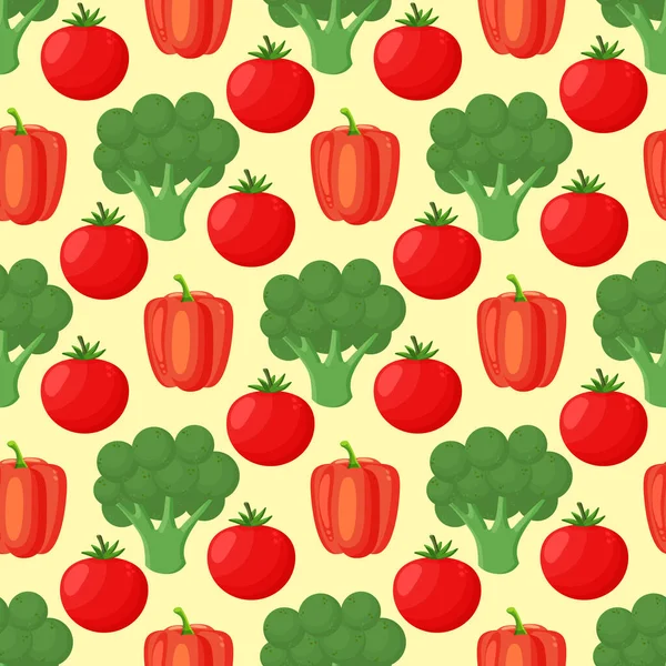Pattern with hand drawn colorful vegetables. Sketch style set. Vegetables flat icons set: paprika, broccoli, tomato. — Wektor stockowy