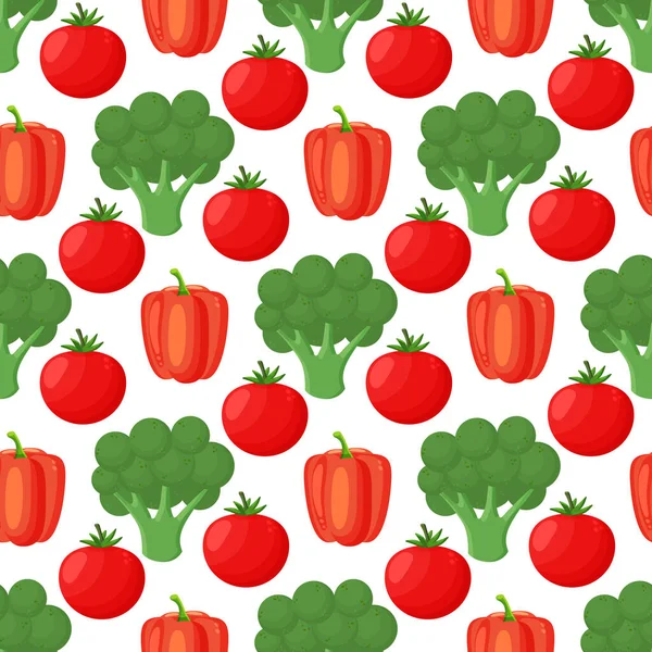 Pattern with hand drawn colorful vegetables. Sketch style set. Vegetables flat icons set: paprika, broccoli, tomato. — 图库矢量图片