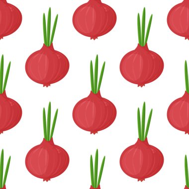 Seamless pattern red onion with green onion, cutaway onion top view isolated on background, flat lay for culinary blog.