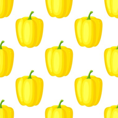 Sarı kırmızı biberli, dikişsiz desen. Arkaplan, ambalaj kağıdı, kumaş tekstil baskıları için vektör dekoratif tasarımı.