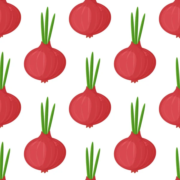 Seamless pattern red onion with green onion, cutaway onion top view isolated on background, flat lay for culinary blog. — Stock vektor