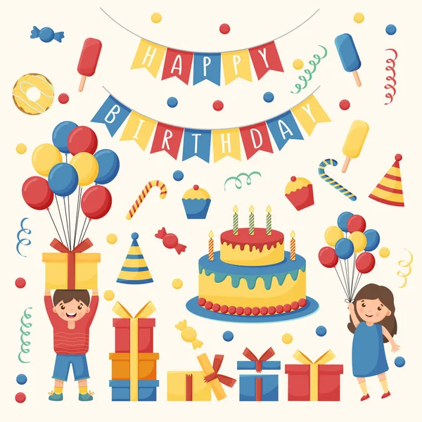 Cartoon birthday party decorations. Gifts presents, sweet cupcakes and celebration cake. Colorful balloons. — Stockvector