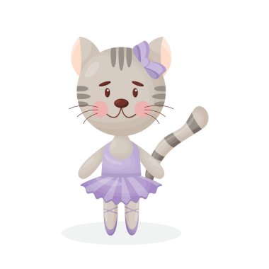 Mutlu şirin kedi kedi yavrusu karakterli, sivri ayakkabılı balerin ve beyaz arkaplanda izole edilmiş etek illüstrasyonu.
