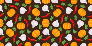 Renkli sebzelerle çizilmiş pürüzsüz bir desen. Çizim biçimi vektörü. 