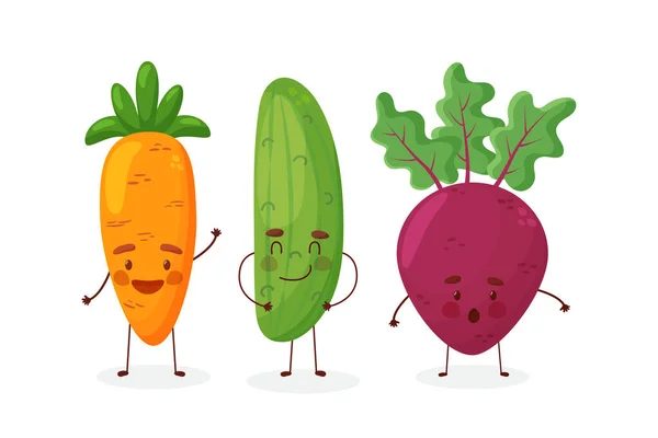 Conjunto de diferentes personajes vegetales felices lindos. Ilustración plana vectorial aislada sobre fondo blanco — Vector de stock